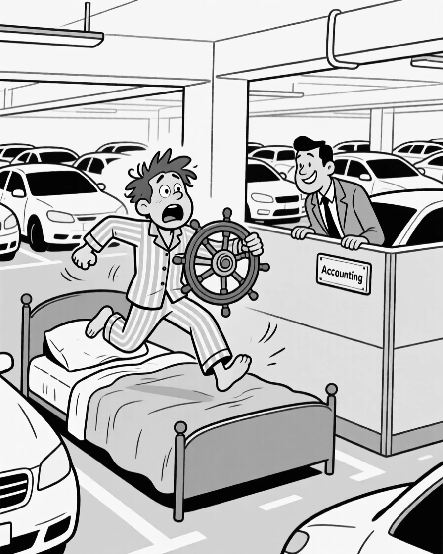 A late sleeper leaping out of bed in a panic, cranking the wheel back and forth for the tenth time, set in a crowded parking garage. A coworker peeks over a cubicle wall, smirking. The scene captures the comedy hidden in ordinary days.