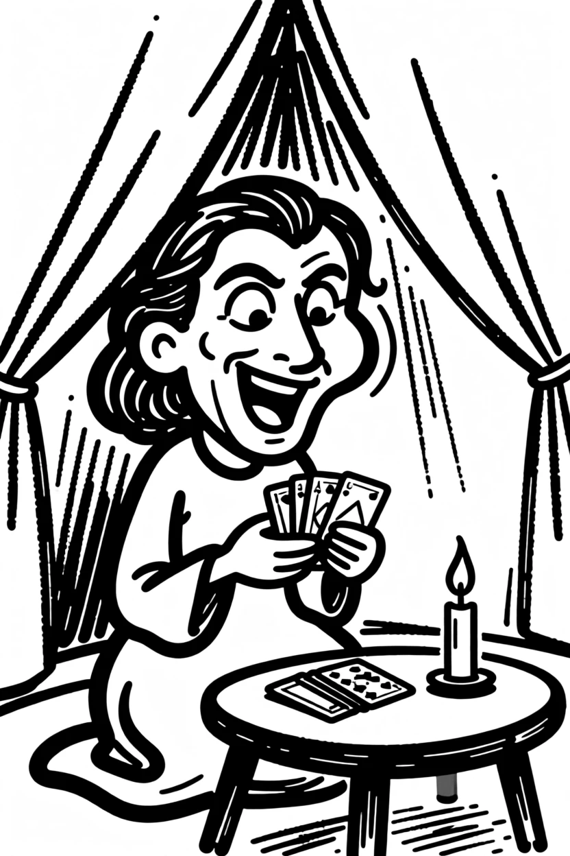A fortune teller reading tarot cards by candlelight in a mysterious tent.