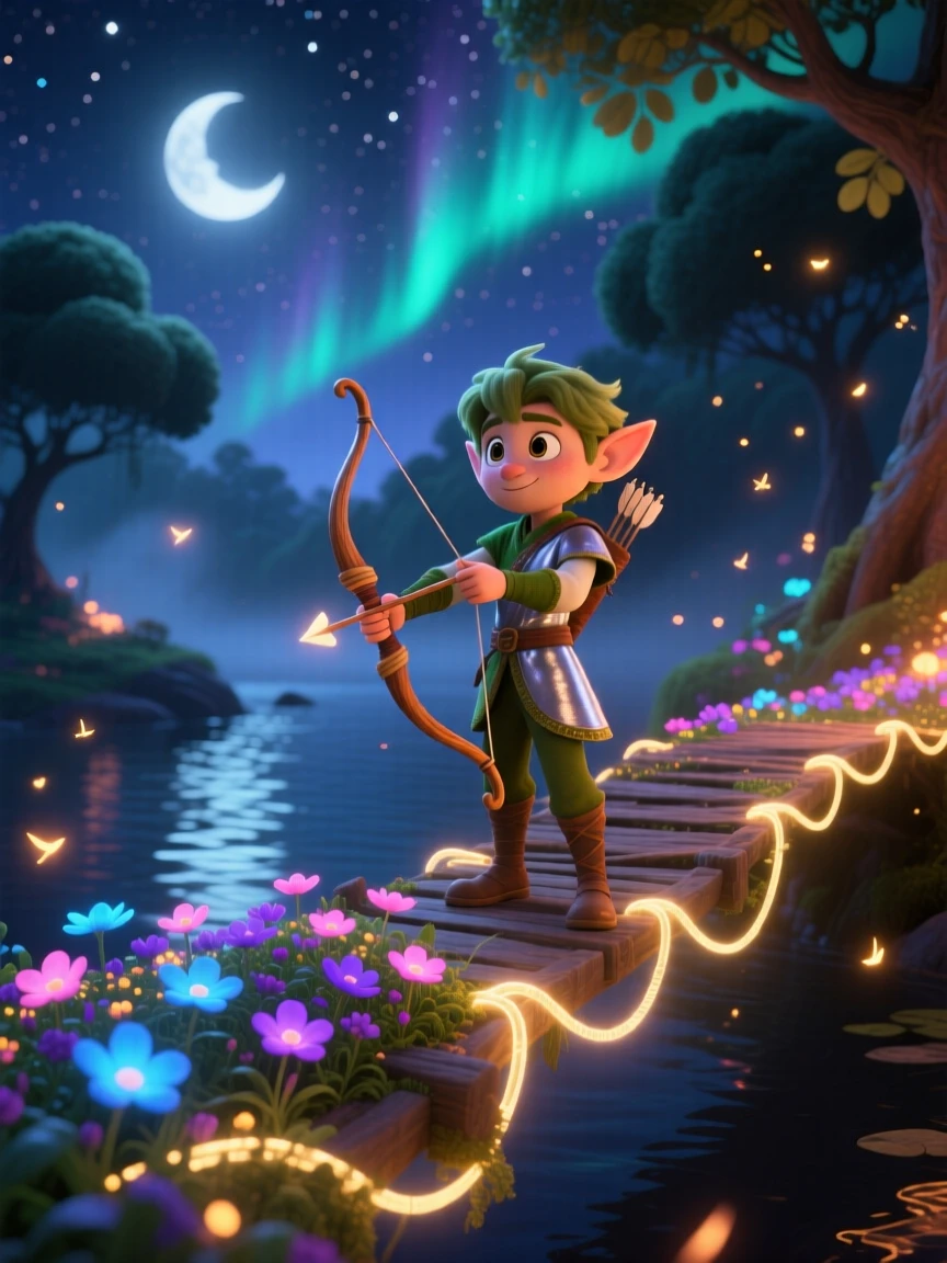 A wandering elf archer stands on a bridge made of glowing moonlight, tending to a garden of luminous flowers. The atmosphere feels mystical yet warmly inviting, with tiny sparkles drifting through the air.