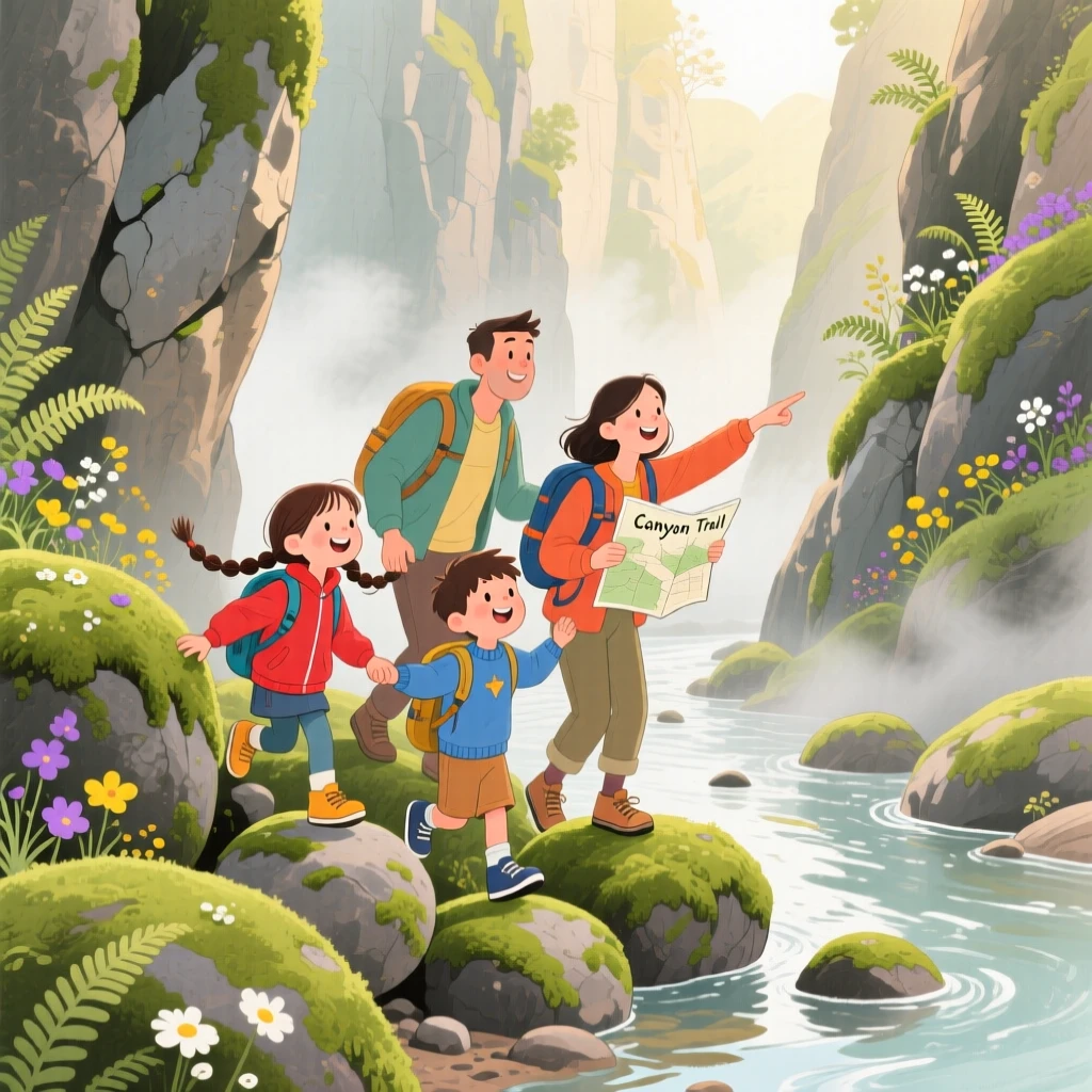 A family of campers spends the day climbing over mossy boulders through a canyon carved by an old river, while a gentle mist rises from the water.