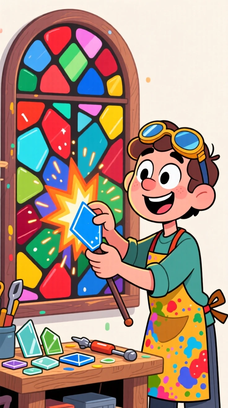 A glass artist fusing colorful shards into a stained-glass window.