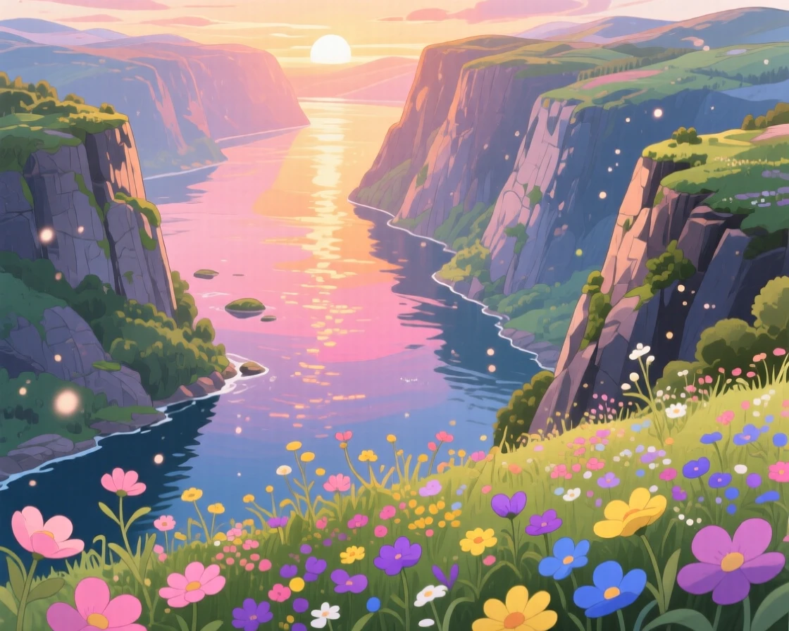 A breathtaking view of a fjord flanked by towering cliffs, with wildflowers swaying gently in the breeze, at sunrise, shown from directly above like a patchwork quilt.