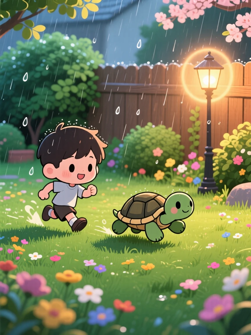 A boy and a turtle racing slowly across the backyard, framed as a silhouette composition within a sunny garden lawn, during a gentle spring rain shower, glowing under warm lamplight, evoking warm affection.