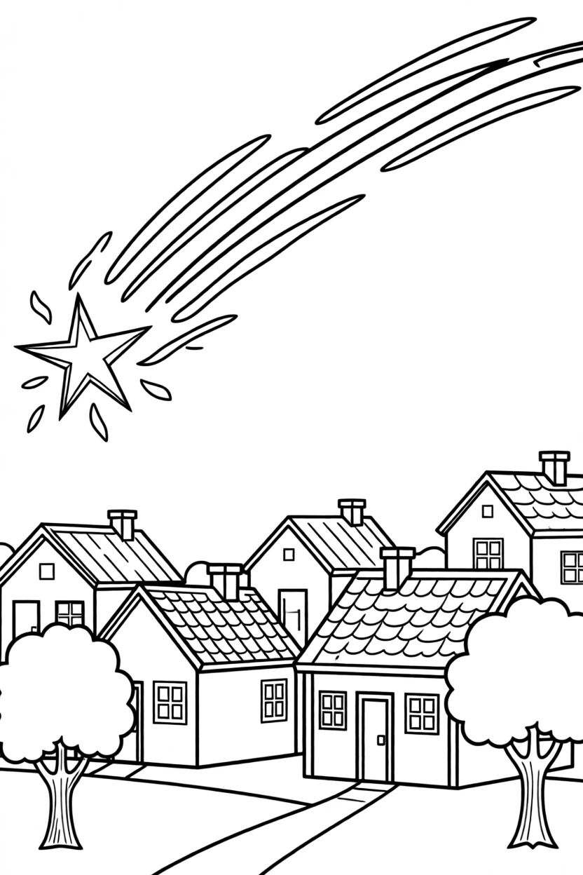 A shooting star trail crossing over a sleeping village at night