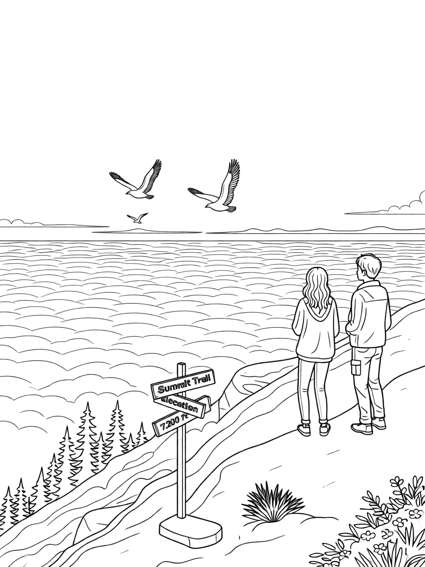 A mountain summit overlooking a sea of clouds, with birds circling high above the treetops.