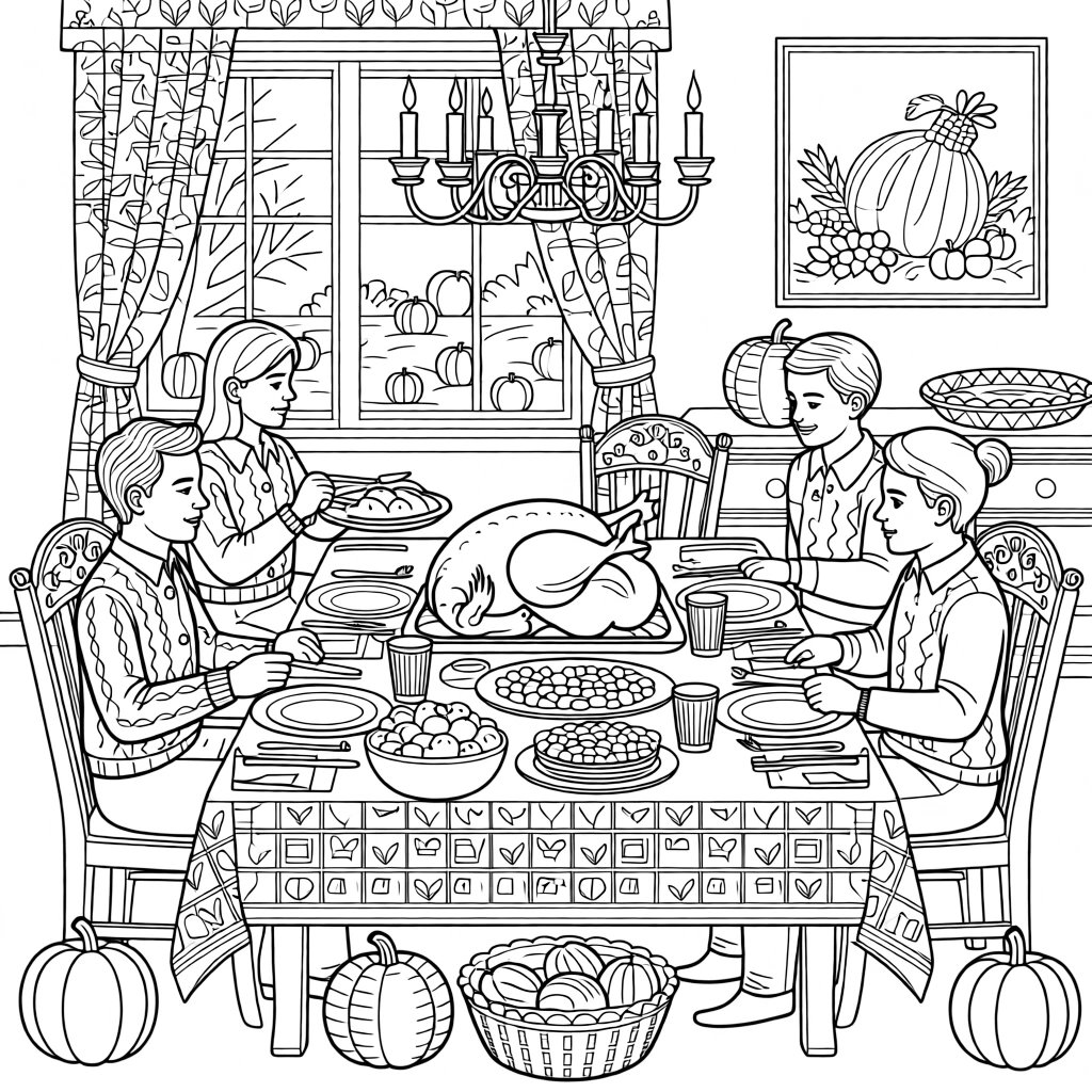 A Thanksgiving family gathering scene around a long dinner table.