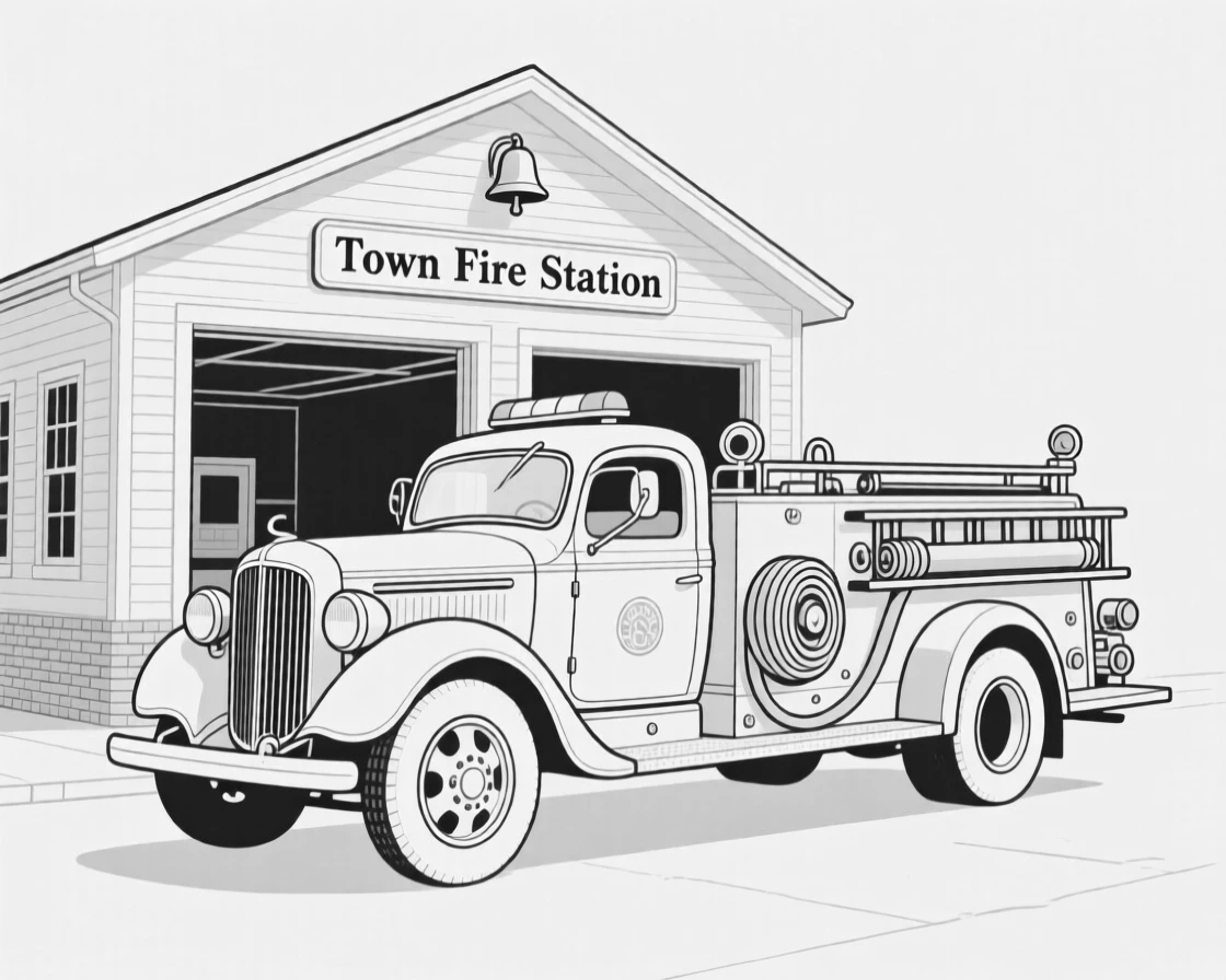 A vintage fire truck parked outside a small town station