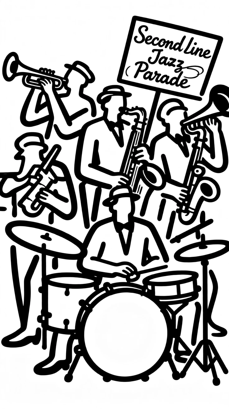 A New Orleans jazz street parade with musicians in vibrant second-line style.