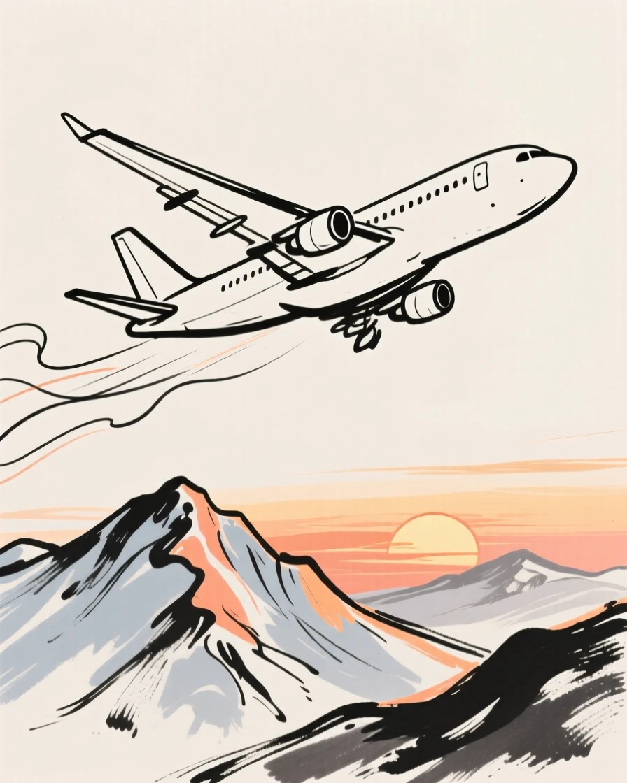 A cargo plane flying low over a mountain range at sunset.