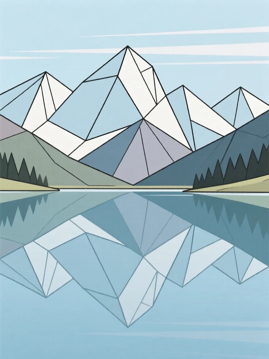 A calm alpine lake reflecting snow-capped peaks