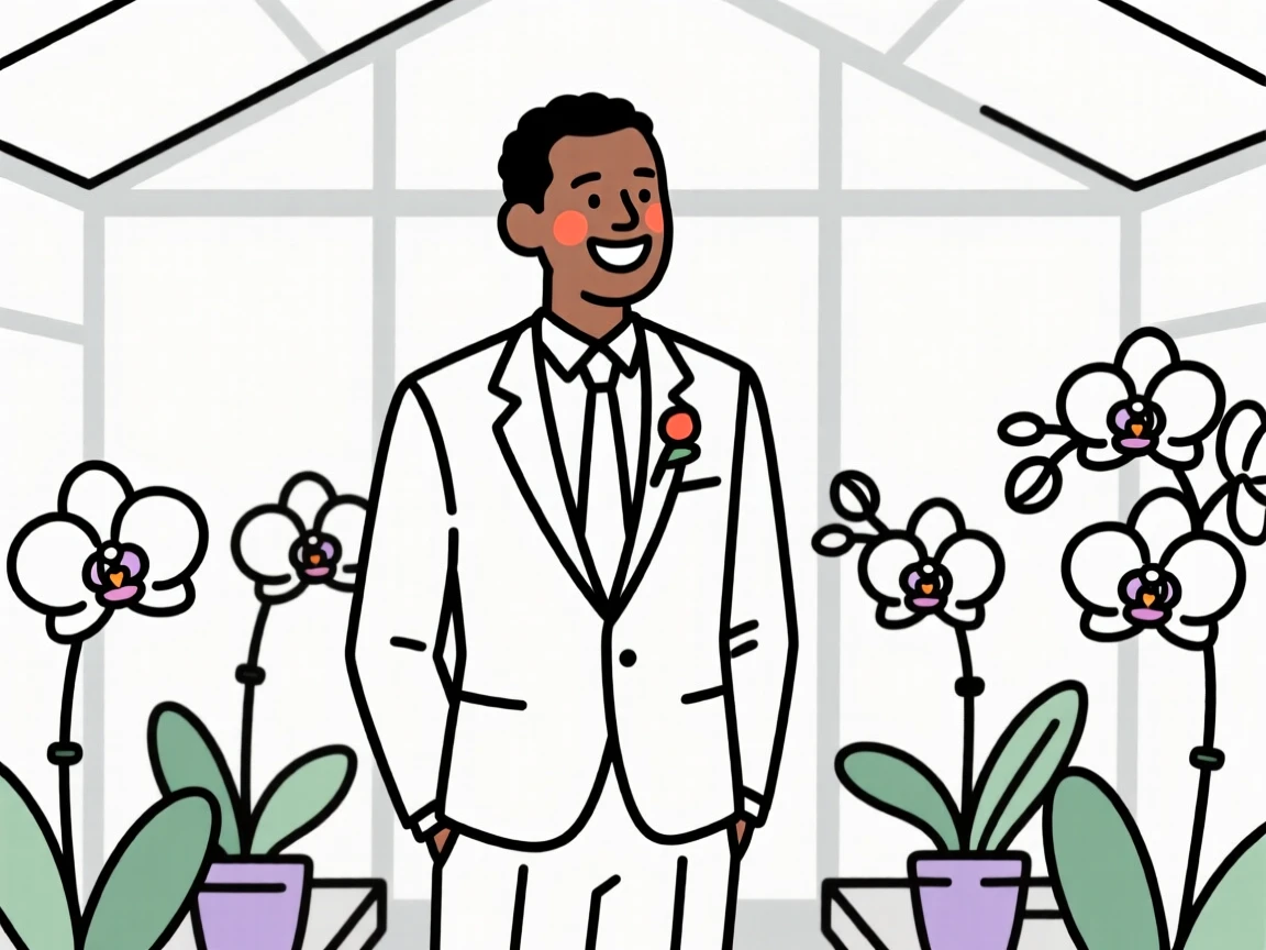 A newlywed man of Ethiopian heritage in a tailored business suit, grinning mischievously, in a greenhouse full of orchids.