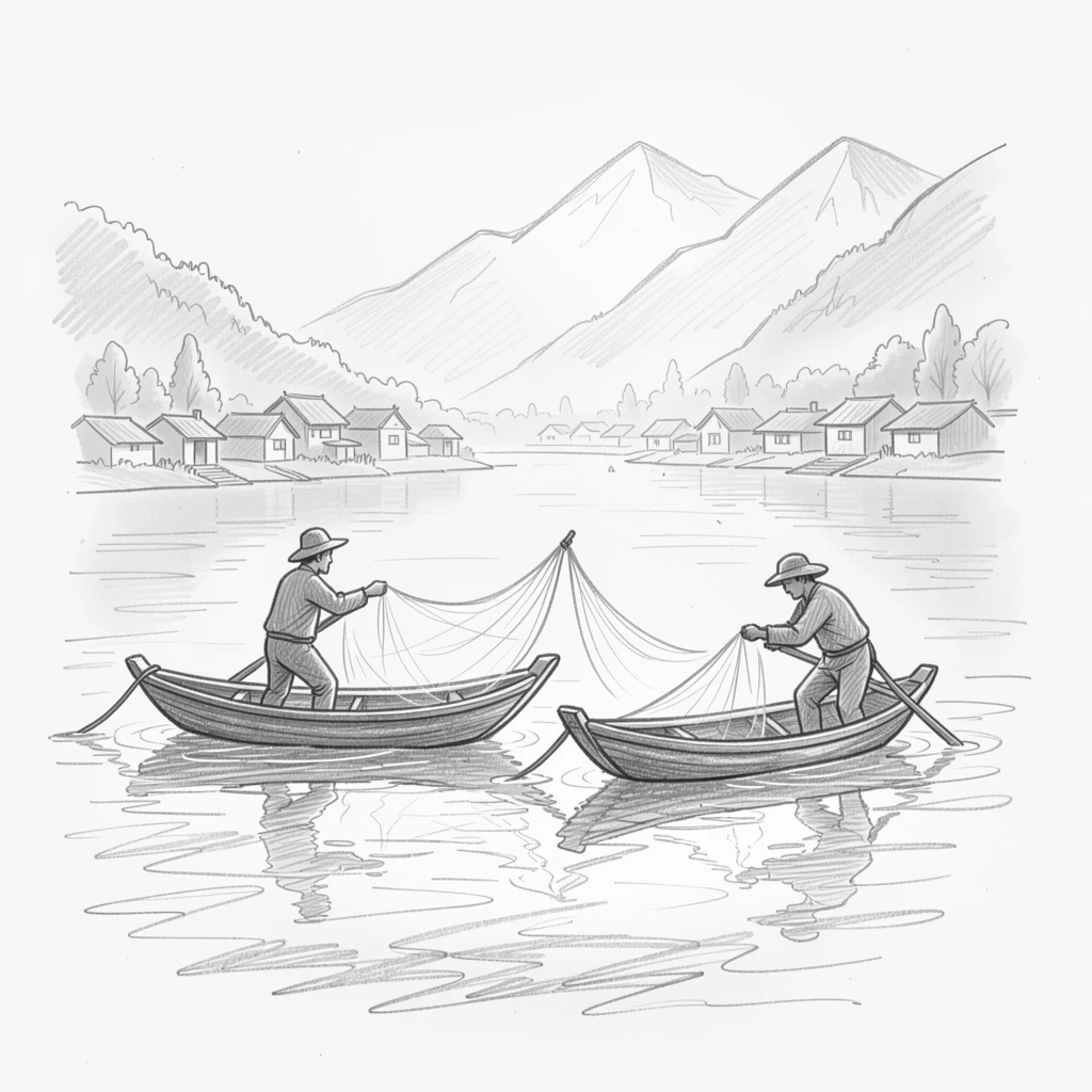 A vibrant cultural scene of fishermen casting nets from wooden boats at dawn in a remote mountain village, with reflections shimmering on calm water.