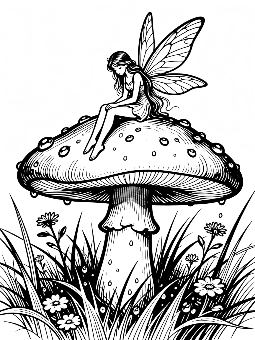 A tiny fairy resting on a mushroom cap in a dew-covered meadow.
