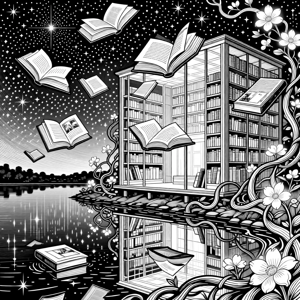 A library filled with floating books on the shore of a lake reflecting the stars, with vines wrapped with softly glowing blossoms, forming an epic and dreamlike fantasy scene.