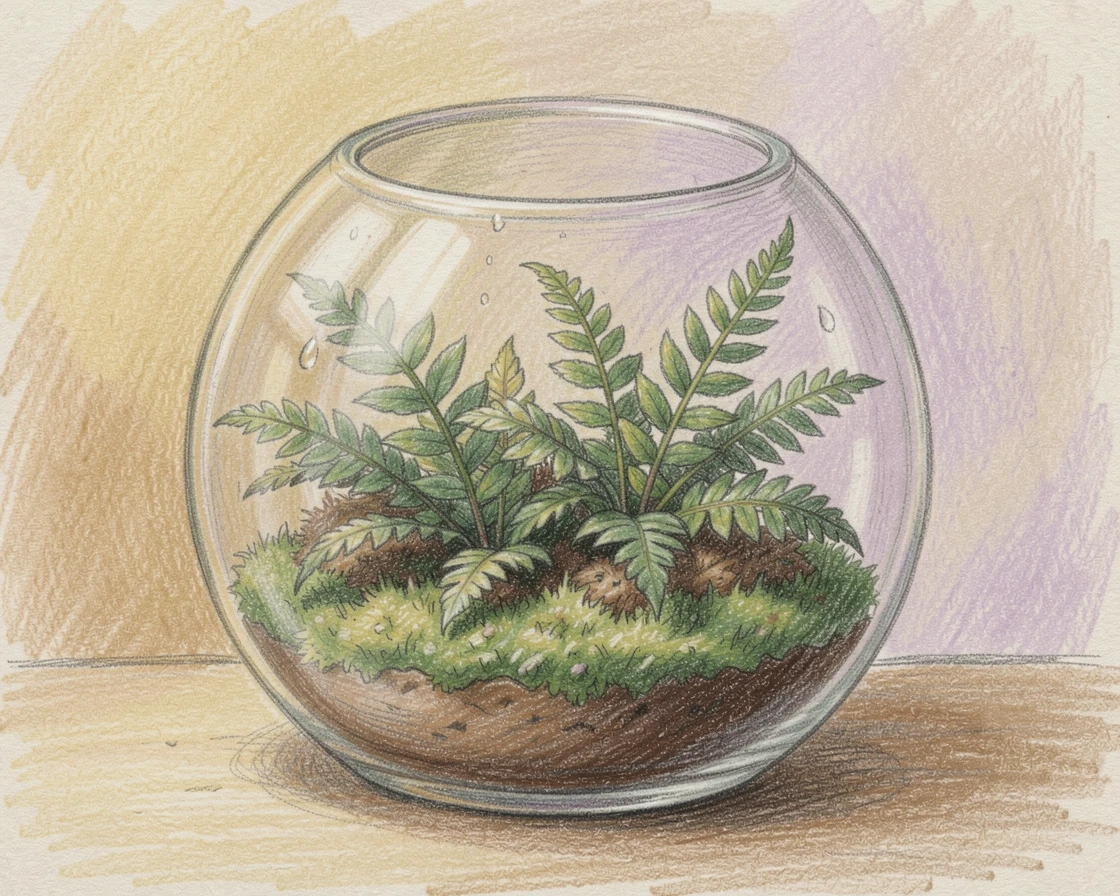 A terrarium filled with tiny ferns and moss under glass, set against a softly lit, atmospheric backdrop, evoking nostalgia and a deep sense of contentment.