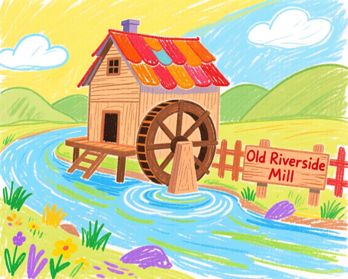 A riverside mill perched above a quiet winding river.