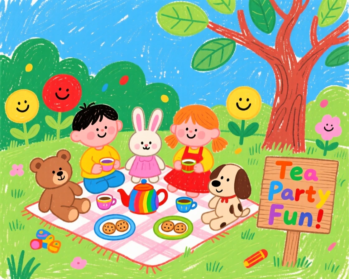 Friends having a tea party with stuffed animals in a garden.