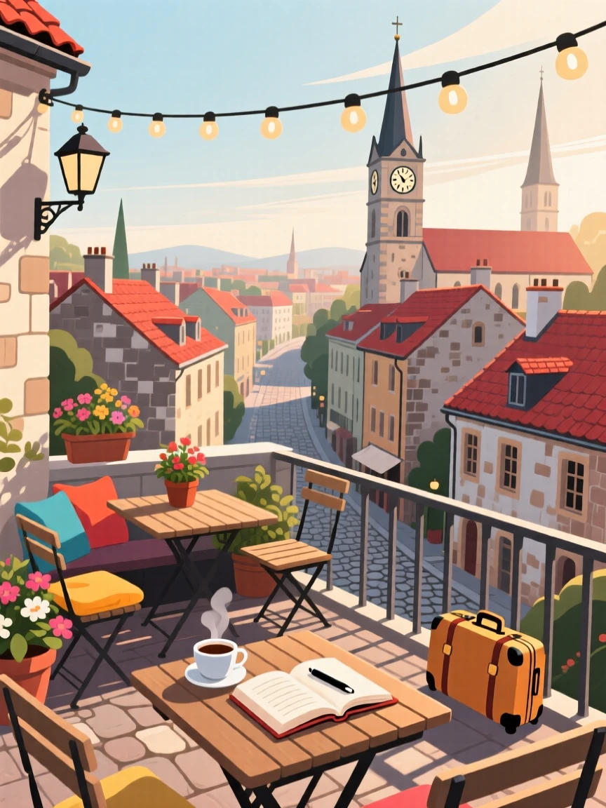 A vibrant rooftop terrace overlooking a historic old town, with soft morning light illuminating the scene, composed with a dreamy sense of wanderlust and adventure, with a nostalgic, postcard-like charm.