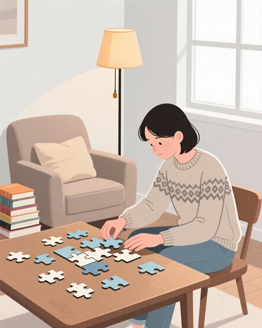 A person assembling a puzzle in a cozy reading nook.