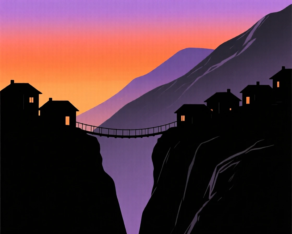 A remote mountain village connected by a single narrow footbridge.