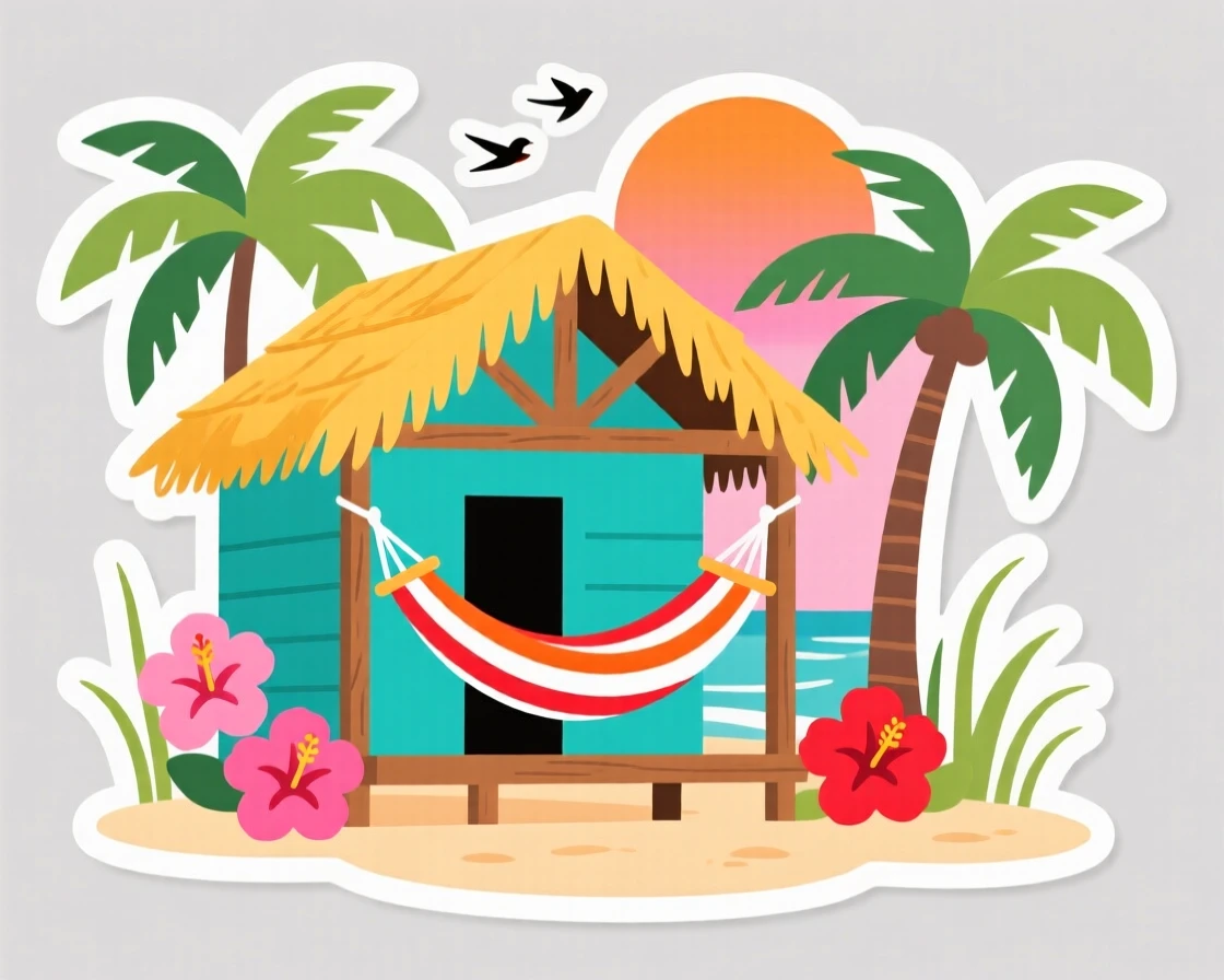 A vibrant and inviting Caribbean beach hut with a hammock, surrounded by the sounds and colors of the region, during the region's most beautiful season.