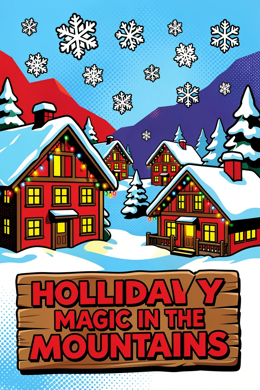 A snowy mountain village lit up for the holidays