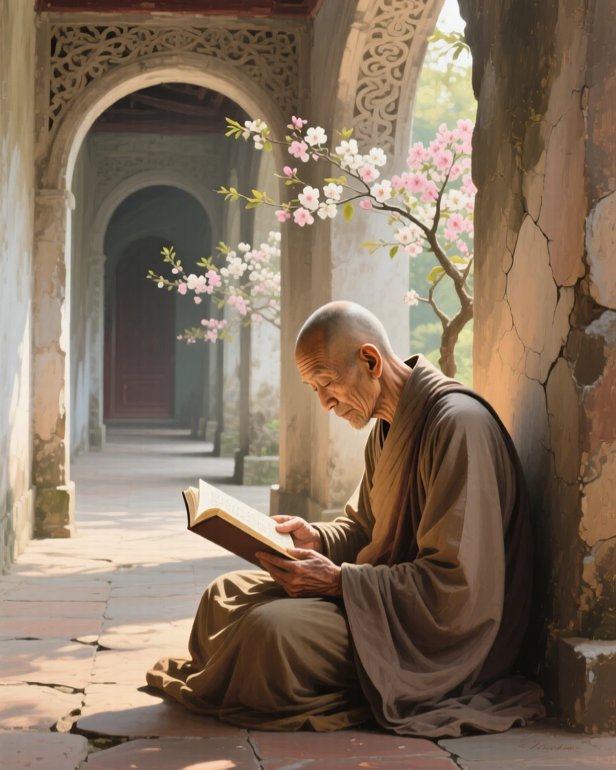 An intimate close-up of an old monk reading scripture in a sunlit stone cloister, as spring blossoms open, in old Hanoi.