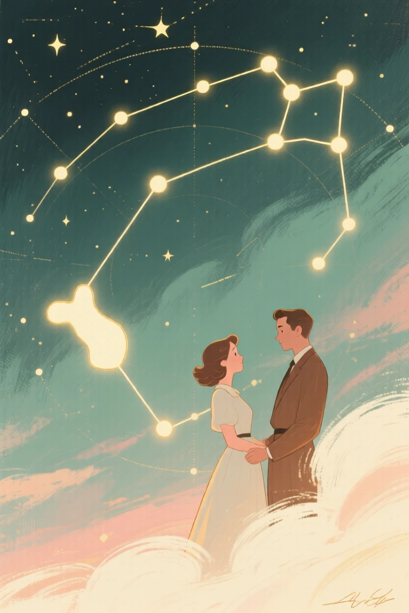 A detailed rendering of constellations mapped across a night sky chart