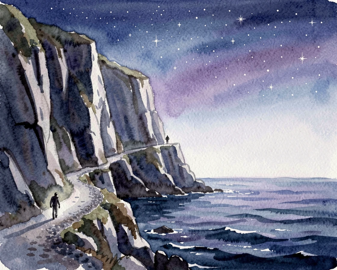 A dramatic sea cliff under a starry night sky with a lone traveler walking a distant trail.