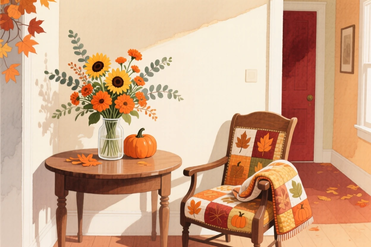 A charming view of an autumn-decorated hallway, with fresh flowers arranged on the table, featuring a quilt folded over the arm of a chair