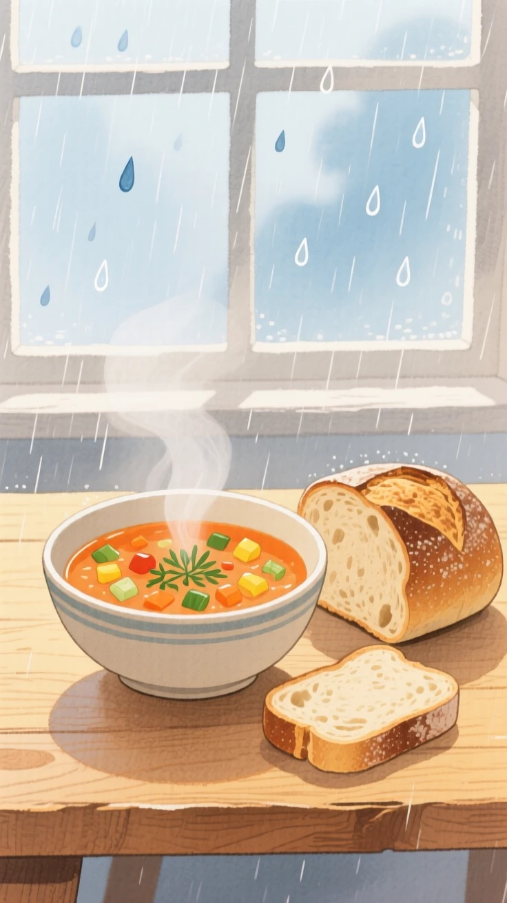 A delightful still life of a bowl of hot soup with crusty bread on a rainy day.