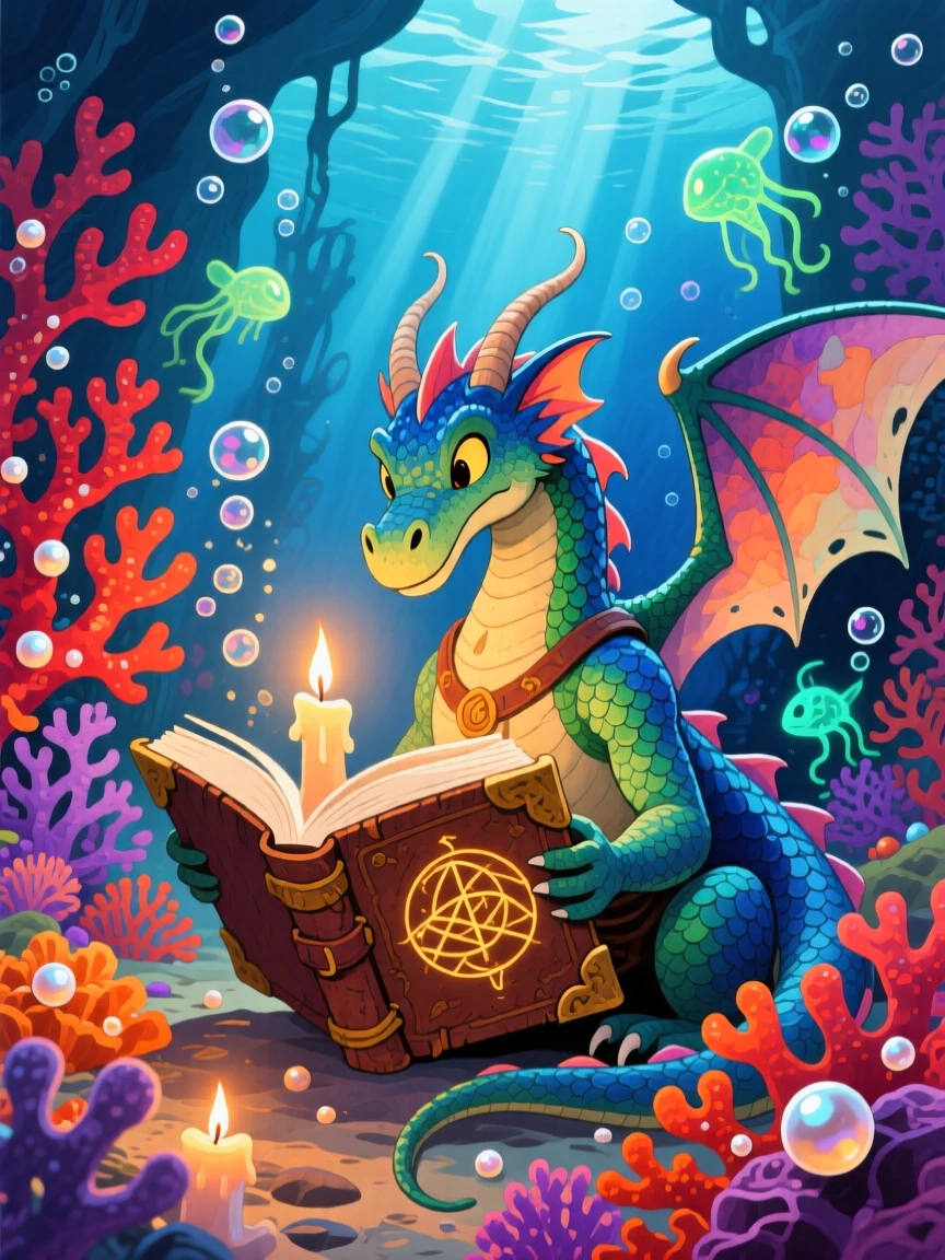 A dragon rider reading an ancient spellbook by candlelight, in an underwater kingdom of coral and pearl, filled with wonder and magical excitement.