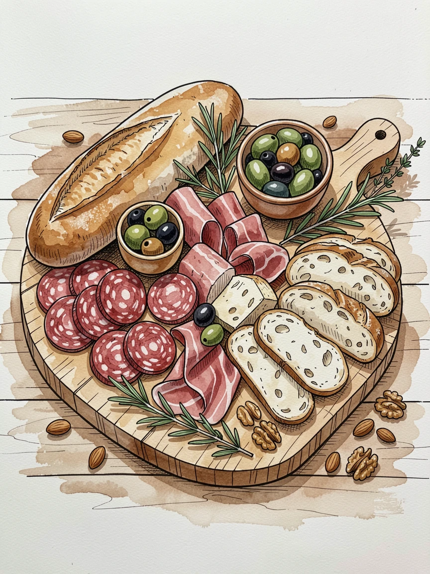 A rustic charcuterie spread with olives, nuts, and crusty bread, fresh herbs and garnishes scattered artfully around the dish.