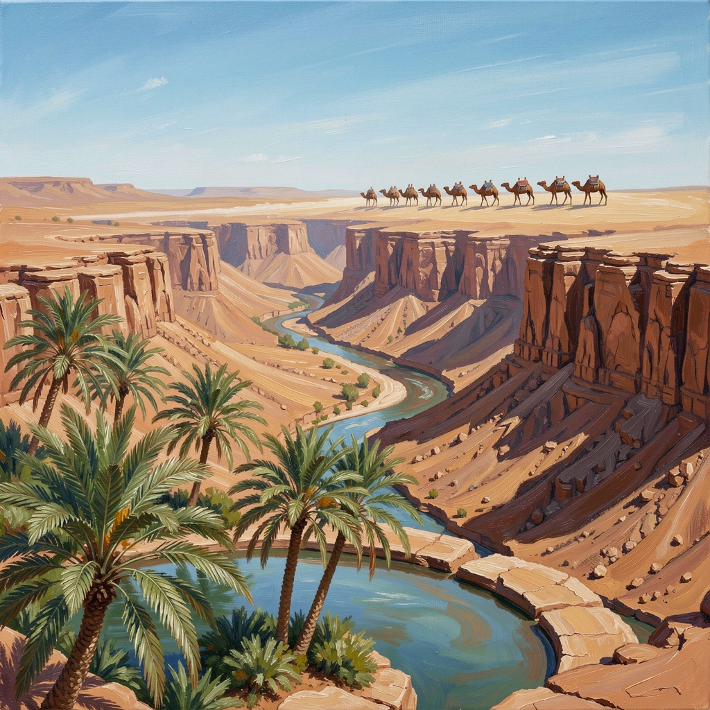 Beside a small desert oasis with palm trees, a desert canyon carved by ancient rivers, a caravan of camels crossing the horizon, beneath a clear midday sky, heat shimmering above the sand.