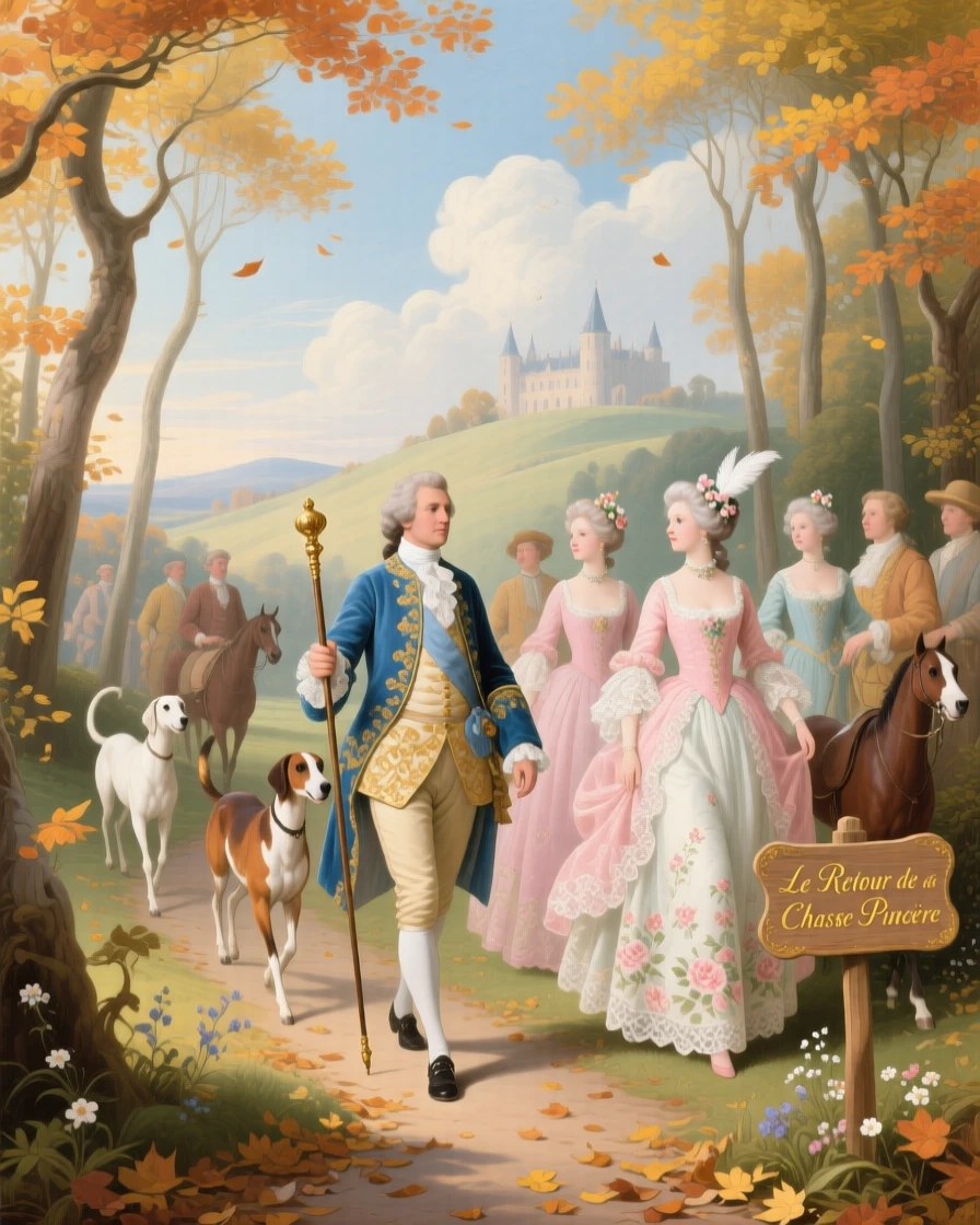 A princely hunting party returning peacefully through autumn woods  