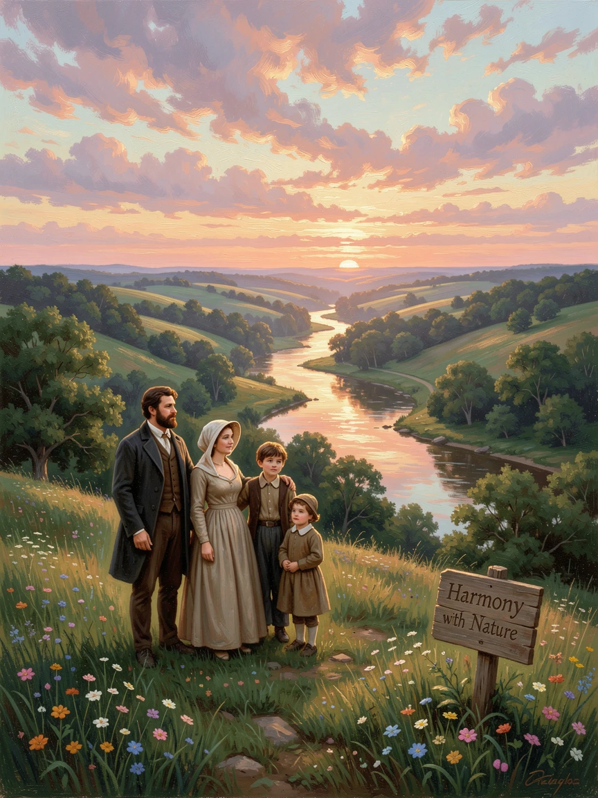 A family on a hillside is bathed in the light of clouds glowing pink above rolling hills above a winding river.