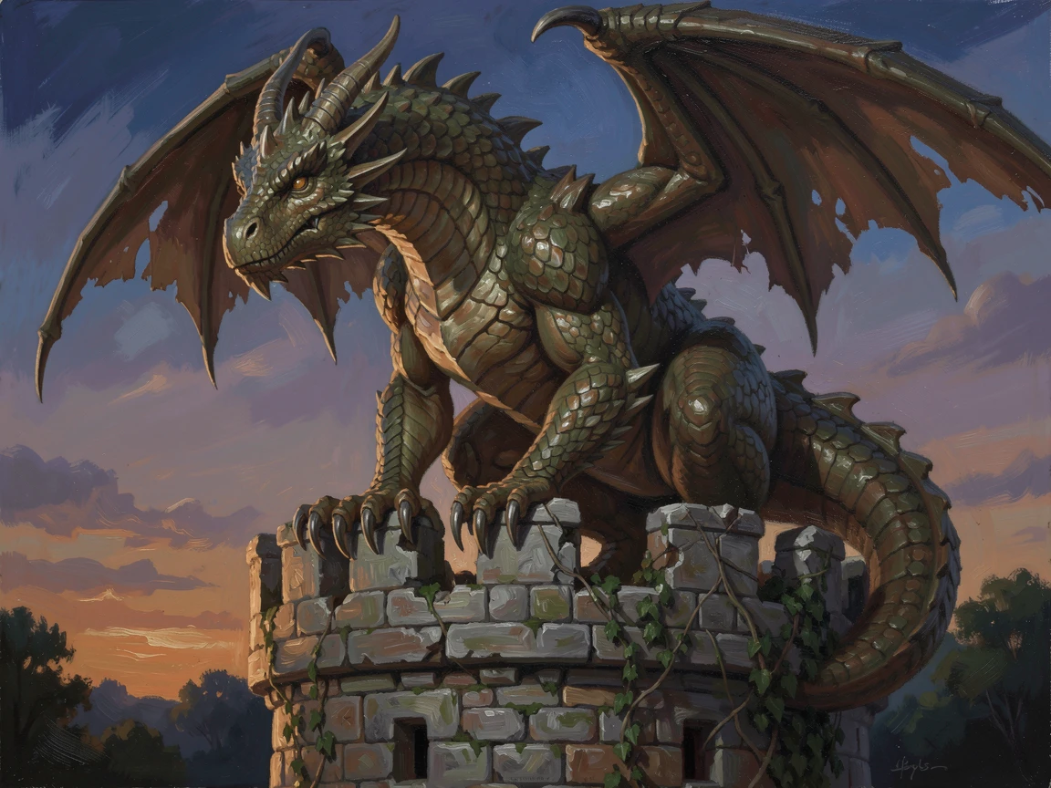 A majestic dragon perched atop a crumbling castle tower at dusk, with intricate textures on armor, scales, or ancient stone, creating a scene that feels both magical and entirely believable