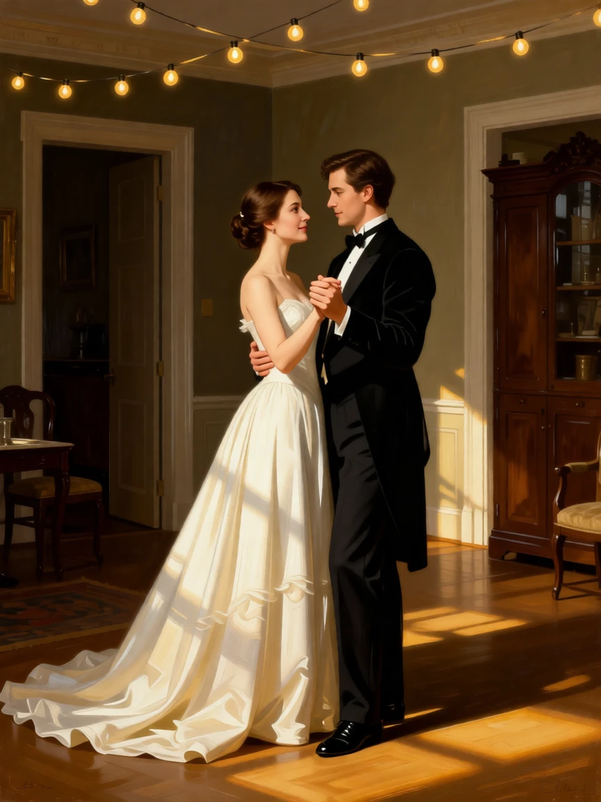 Newlyweds sharing their first dance beneath string lights in a scene glowing with warmth and quiet devotion, set within a cozy home lit by late afternoon sun, with small, telling gestures like a held hand or a shared glance; the arrangement of figures suggests closeness without crowding, filled with gentle joy and quiet devotion.