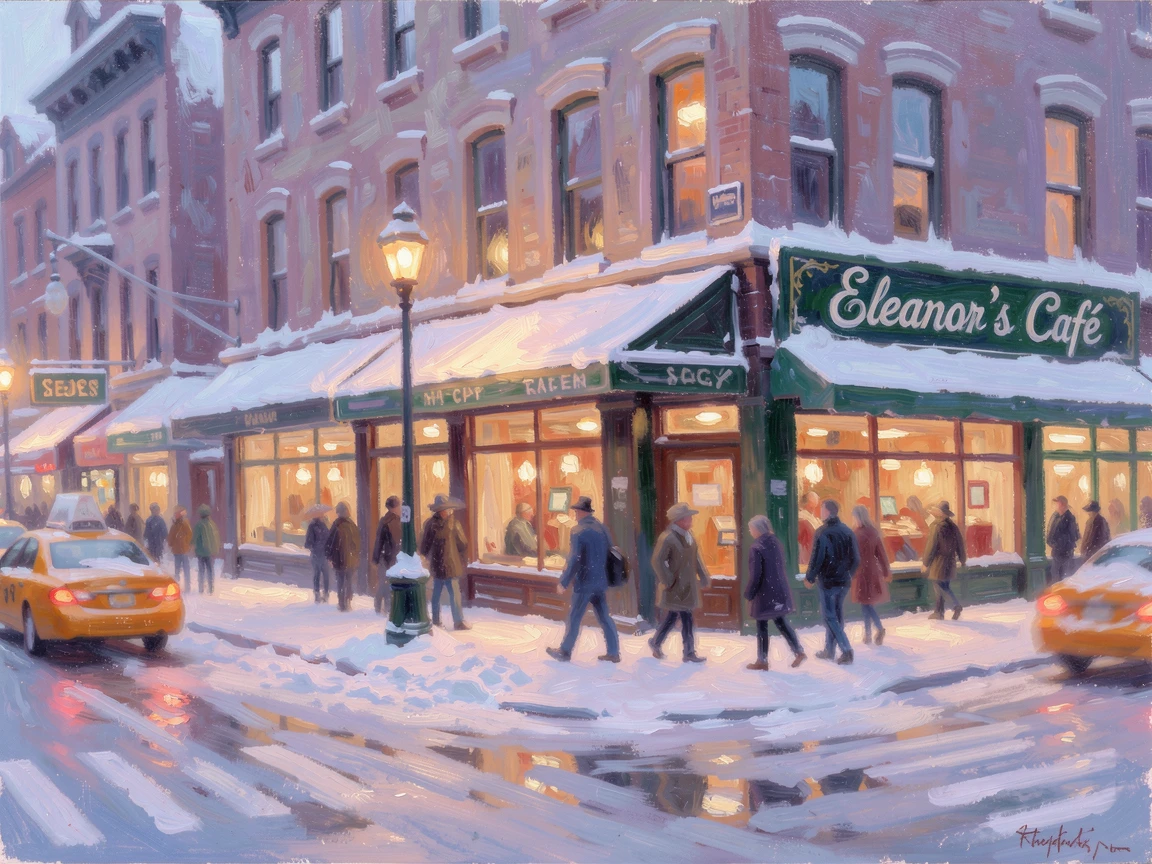 A bustling New York street corner at dusk, yellow taxis streaming past glowing shopfronts, under a fresh blanket of snow, filled with warmth and nostalgia.