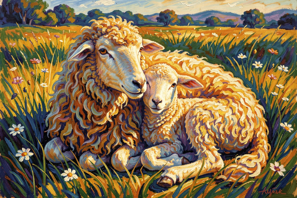 A mother sheep and her lamb resting together in a sunlit pasture.