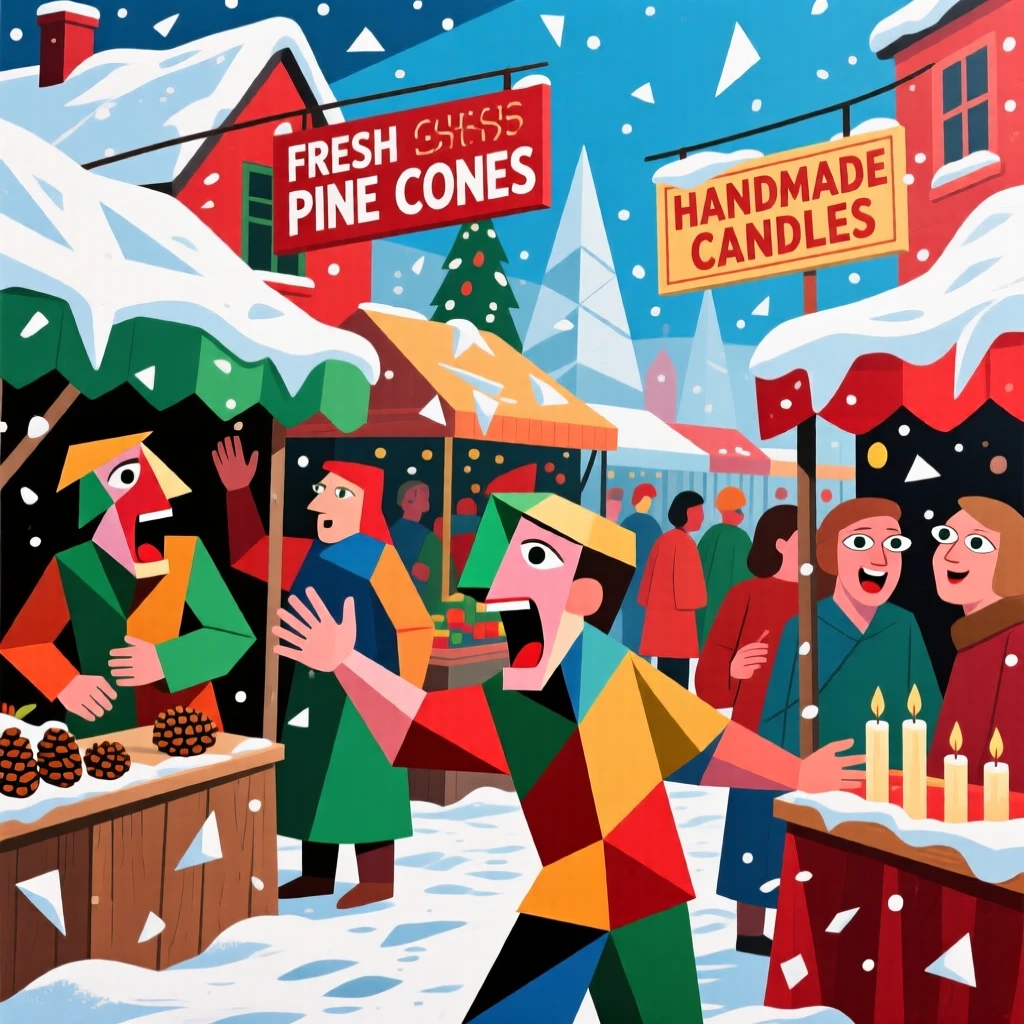 A vibrant scene of a snow-dusted holiday market bustling with vendors calling out their wares.