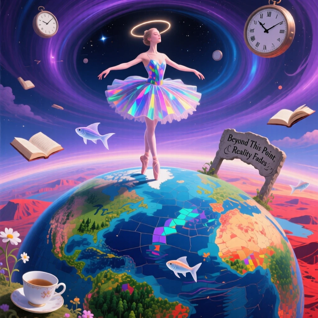 A ballerina balanced weightlessly atop a slowly spinning globe pauses thoughtfully at the edge of an unfamiliar world, while soft light gathers warmly around their figure.