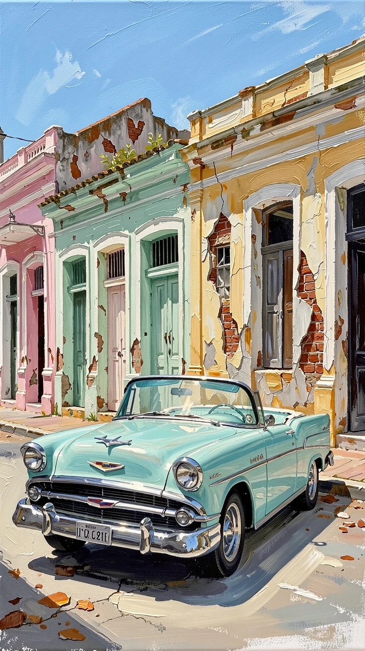 A vibrant street scene in Havana shows a classic pastel-colored convertible parked beside crumbling colonial buildings under a bright blue sky, the play of light across weathered surfaces revealing decades of history in every wall.