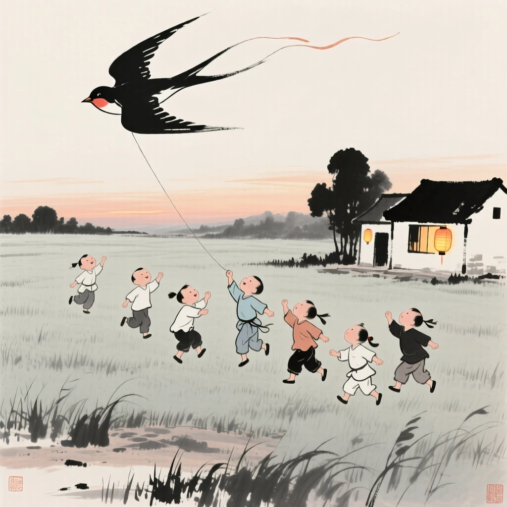 A group of children fly a kite shaped like a swallow above an open field, with lanterns beginning to glow in nearby windows.