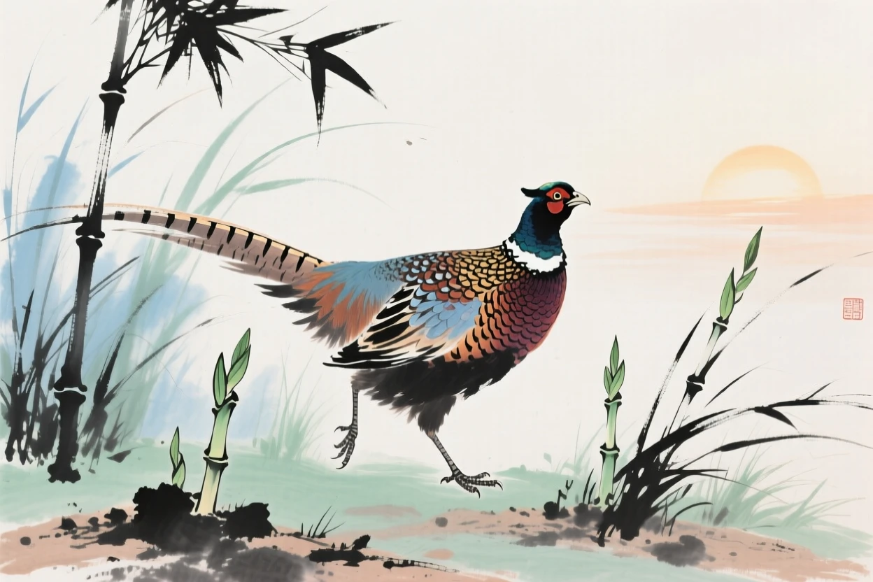 A pheasant with brilliant plumage stepping through tall grass, as new bamboo shoots break through the soil, at dawn.