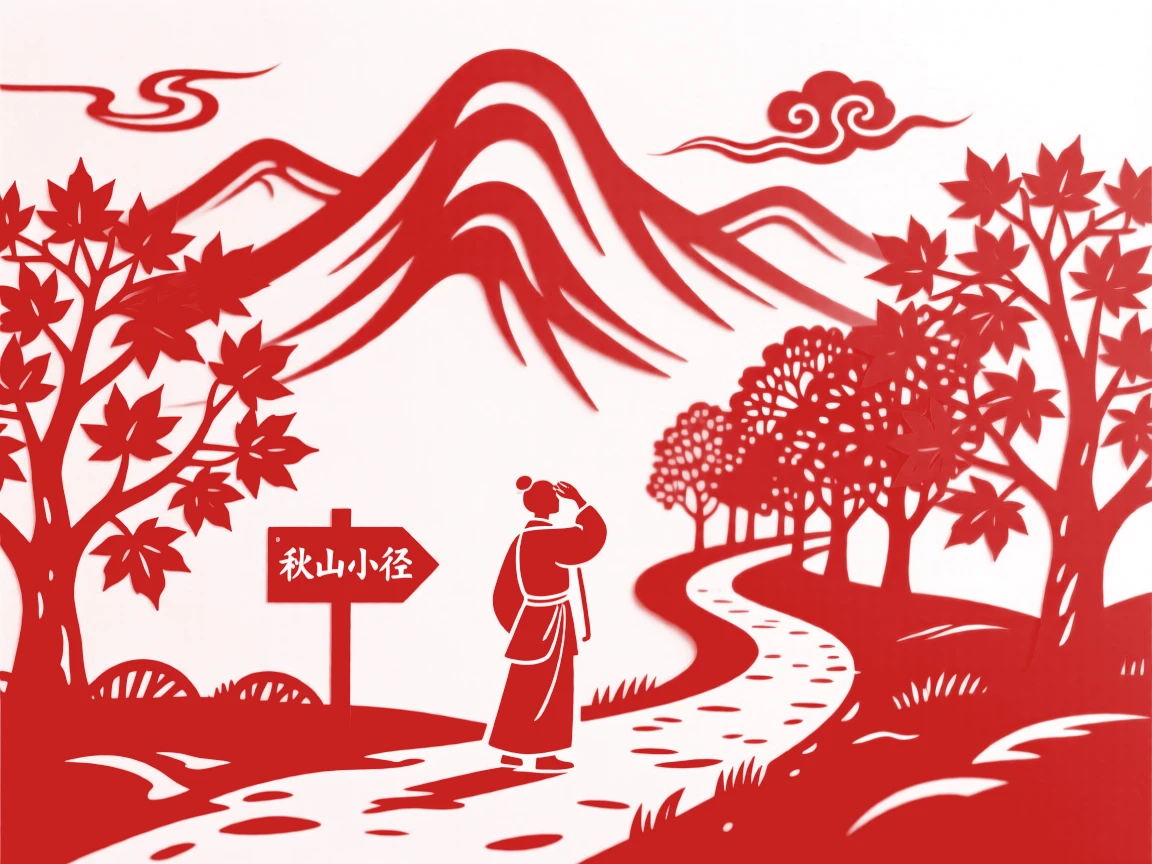 An autumn mountain trail lined with fiery maple trees, a traveler pausing to admire the view