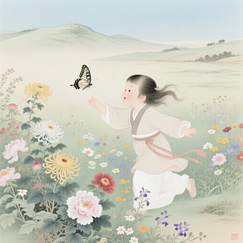 A child chasing a butterfly through a field of wildflowers