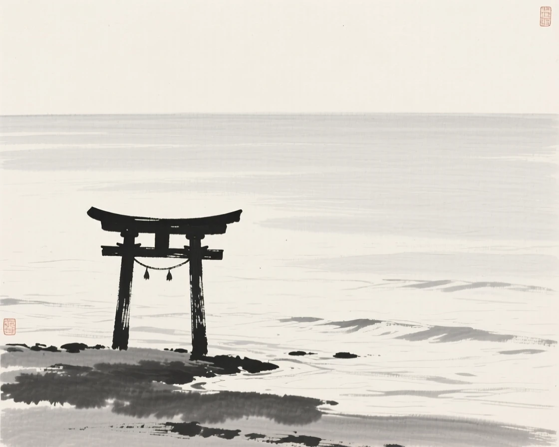 A wooden torii gate standing at the edge of a calm sea, captured from a distance, small against a vast landscape, carrying a sense of sacred stillness.