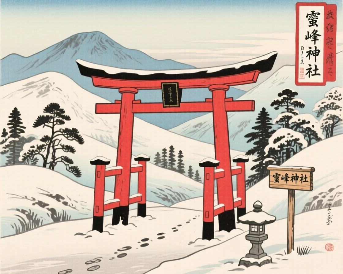 An iconic red torii gate nestled in a snowy mountain valley.