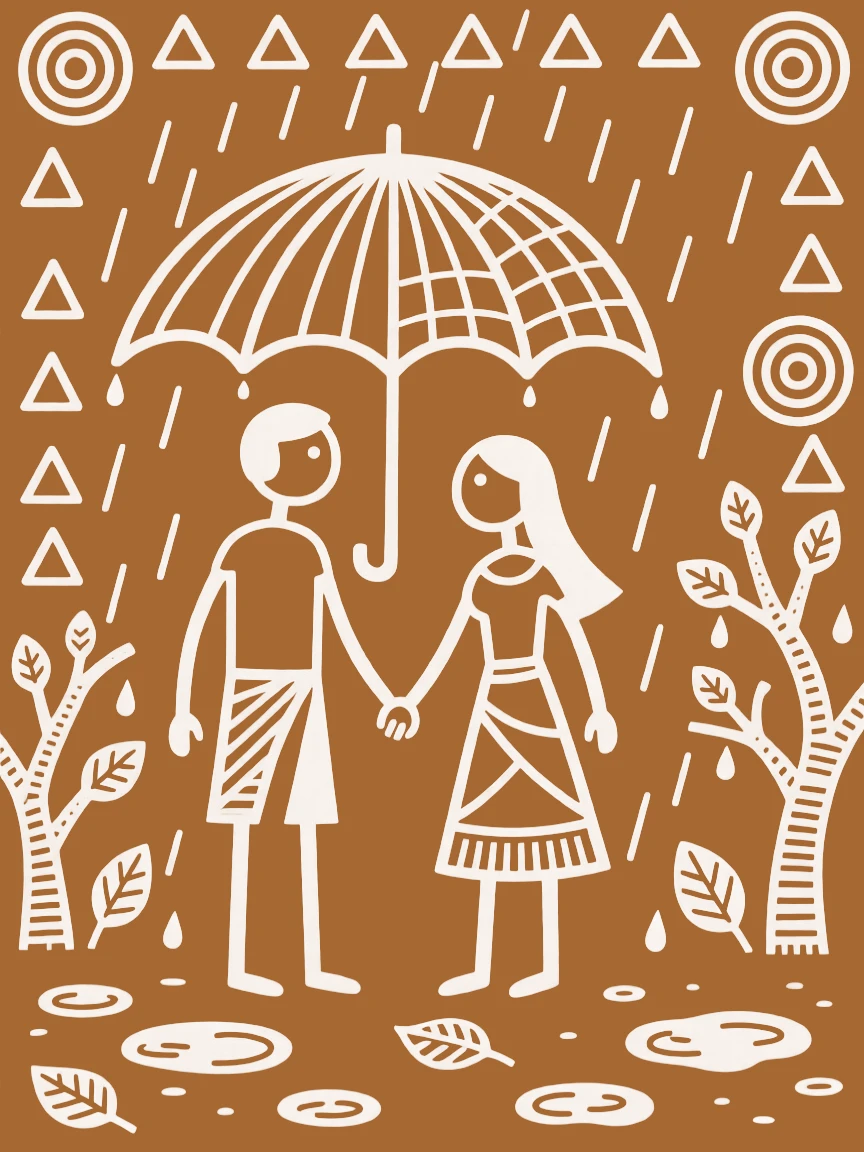 A couple reunited after years apart sharing a single umbrella in the rain.